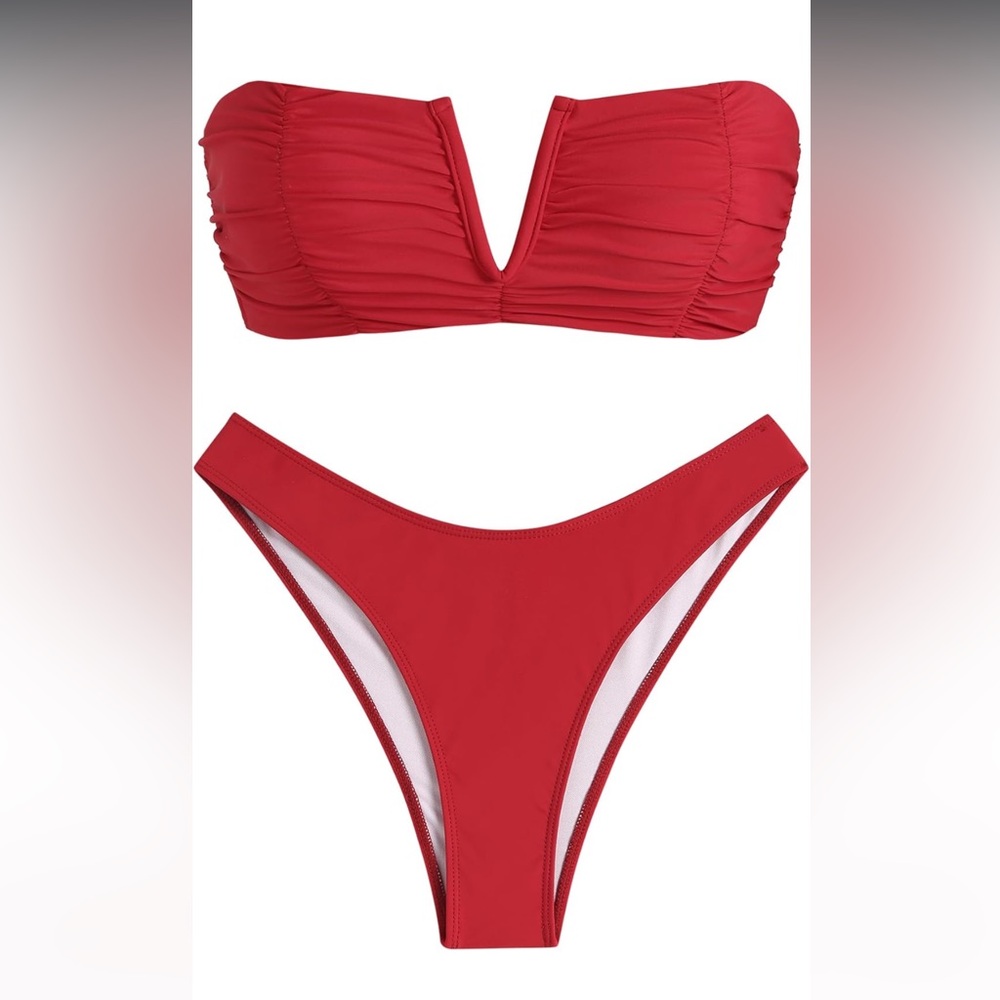 Zaful Red Strapless Bikini Set with sarong